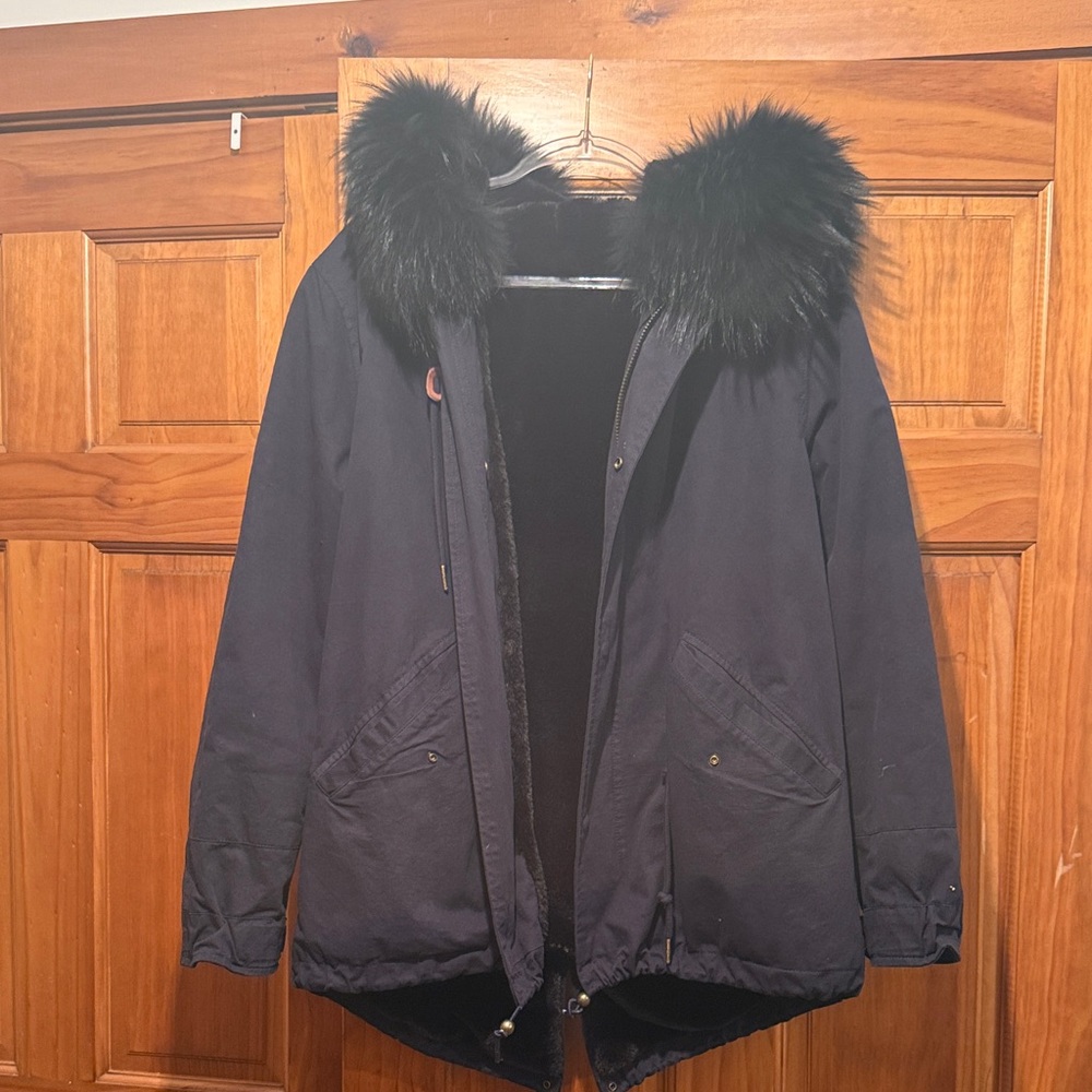 Women's Black Fur-Trimmed Jacket. Anorak parka
